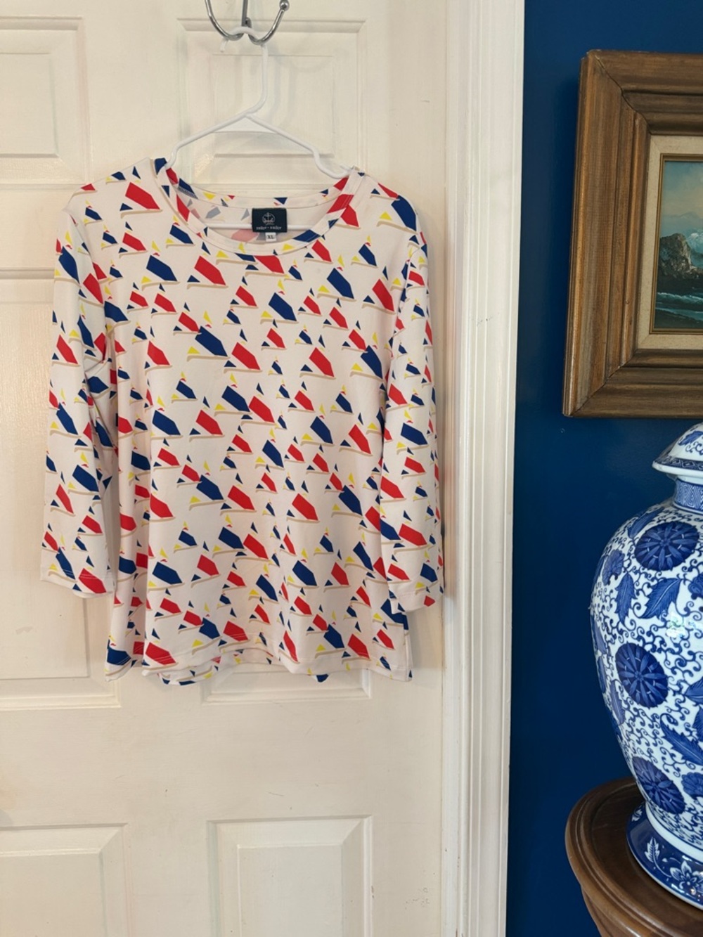 Women’s Sailor-Sailor White 3/4 Sleeve Polyester & Spandex Sailboat print Top